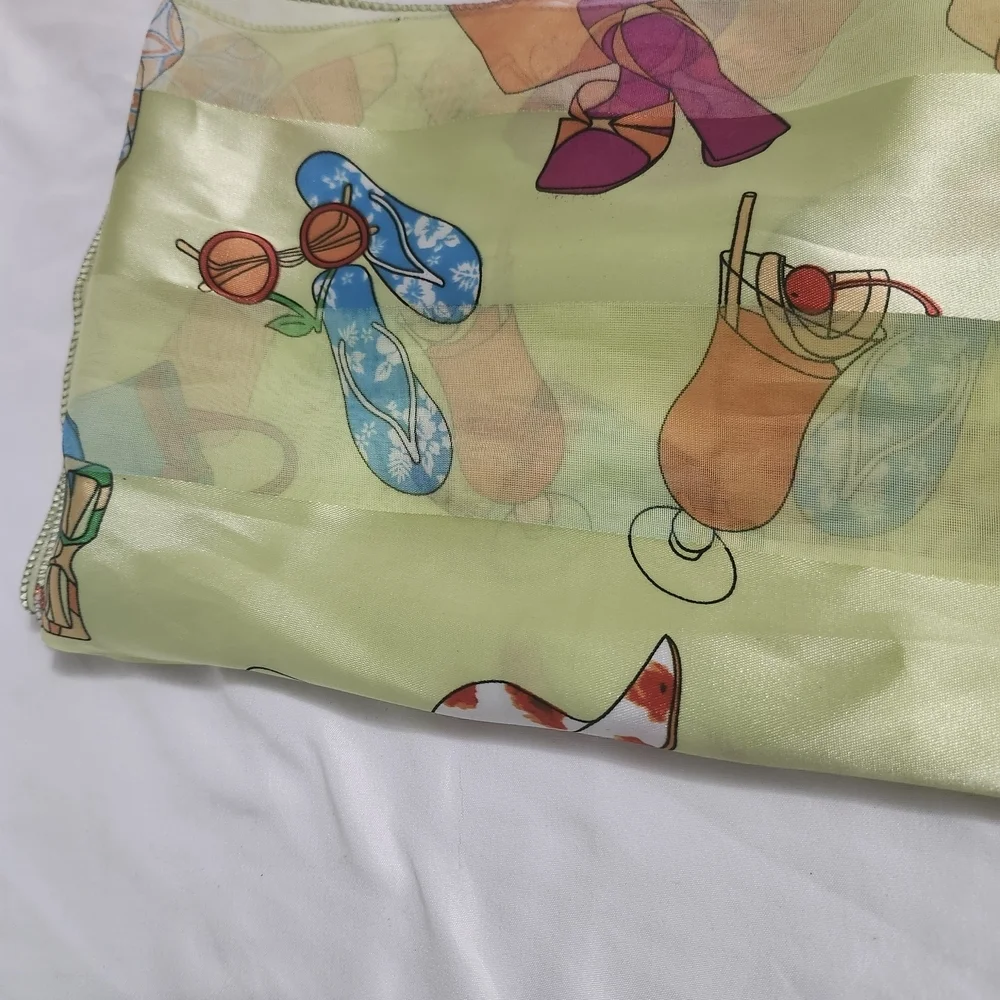 Vibrant Yellow Printed Satin Scarf with Multicolor Motifs